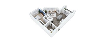 A white 3D floor plan of a house with a living room, kitchen, and two bedrooms.